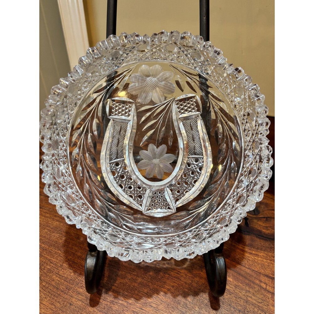 Rare Cut Glass Bowl with Horseshoe and Floral Motif